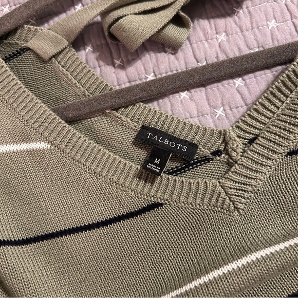 Talbots Women’s Sage Striped V Neck Cotton Sweater with Tie Detail Size M $79 - Picture 4 of 8